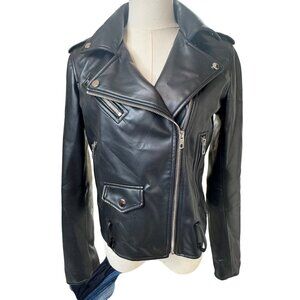 NWOT ZARA M Black Faux Leather Biker Jacket Zipper Details & Epaulettes